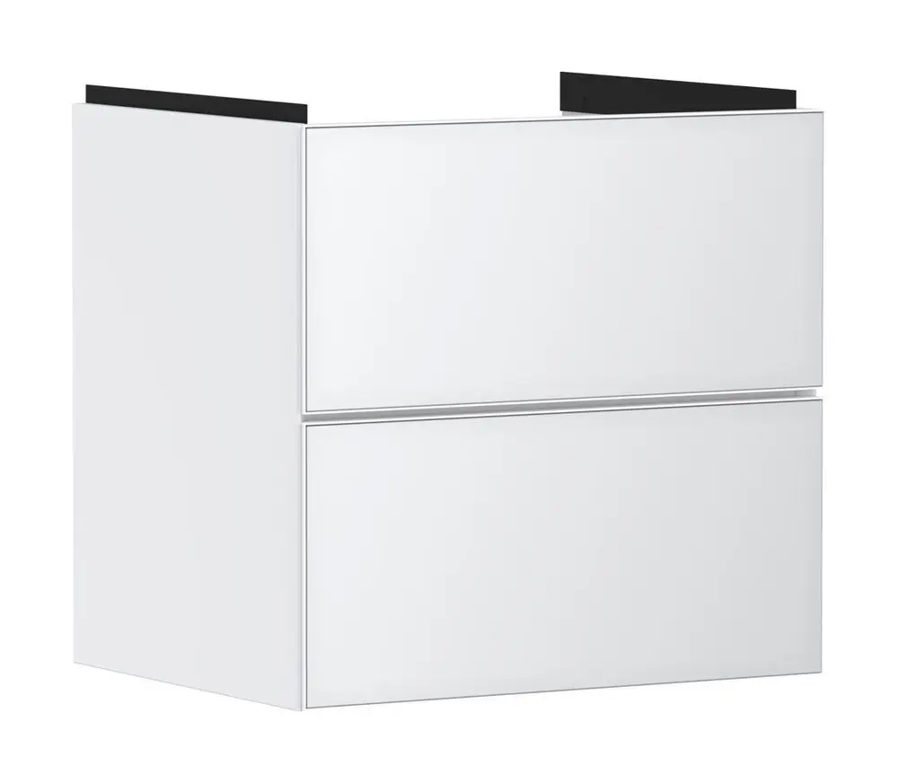 Weißer Waschtischunterschrank mit zwei Schubkästen, ausgestattet für einen Waschtisch. Design von Hansgrohe, klar und funktional.